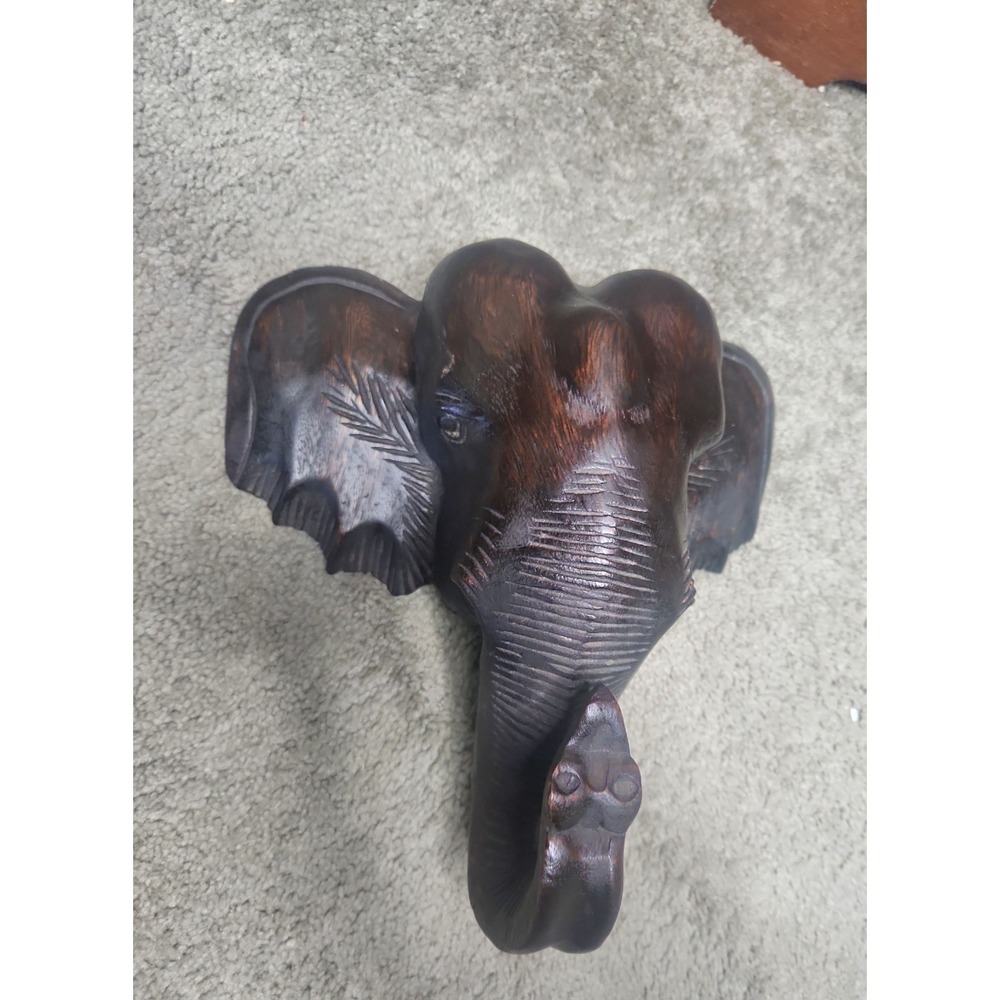 Hand Carved 12" Elephant Head Heavy Wood Wall Hanging Sculpture Safari Art